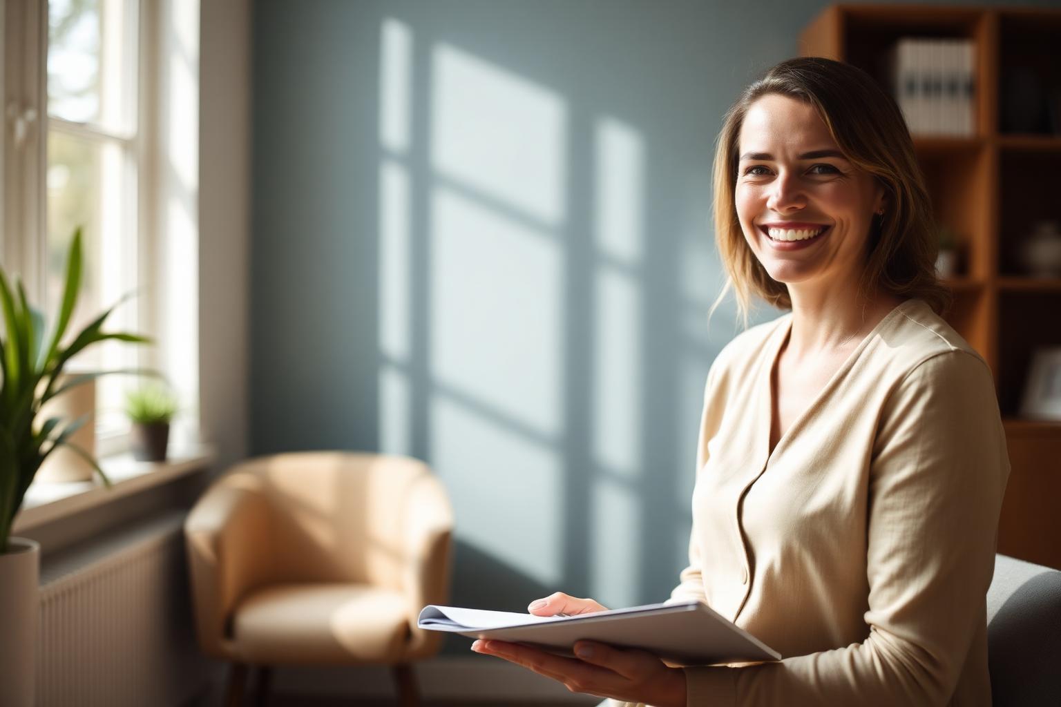Smiling CHE clinician in a sunlit office